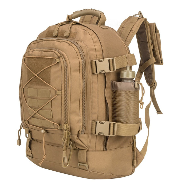 Rugged 60L waterproof tactical hiking backpack with MOLLE system for camping gear.