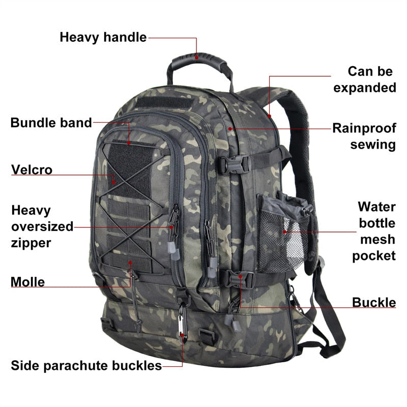 Large capacity 60L tactical adventure backpack with multiple compartments for organized travel.