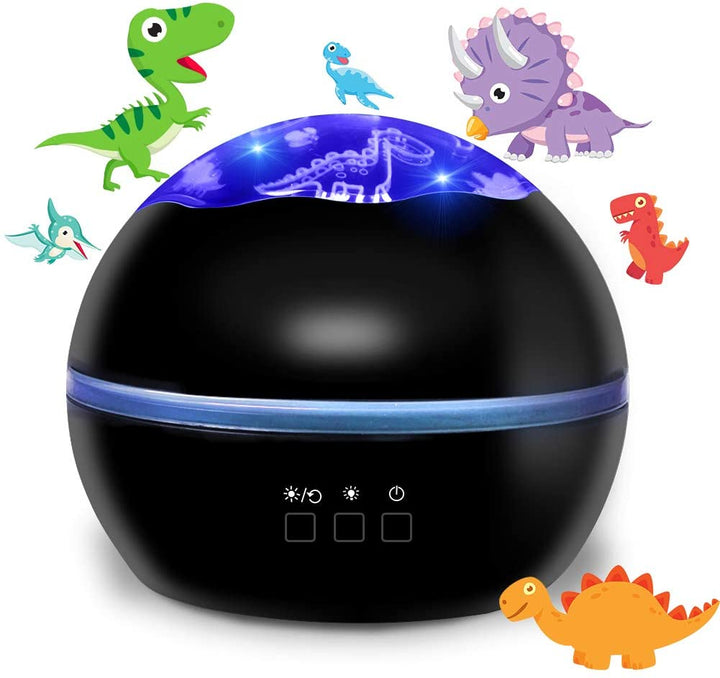 Vibrant rotating dinosaur projector lamp illuminating a child's room, perfect for kids' bedroom decor & gifts.