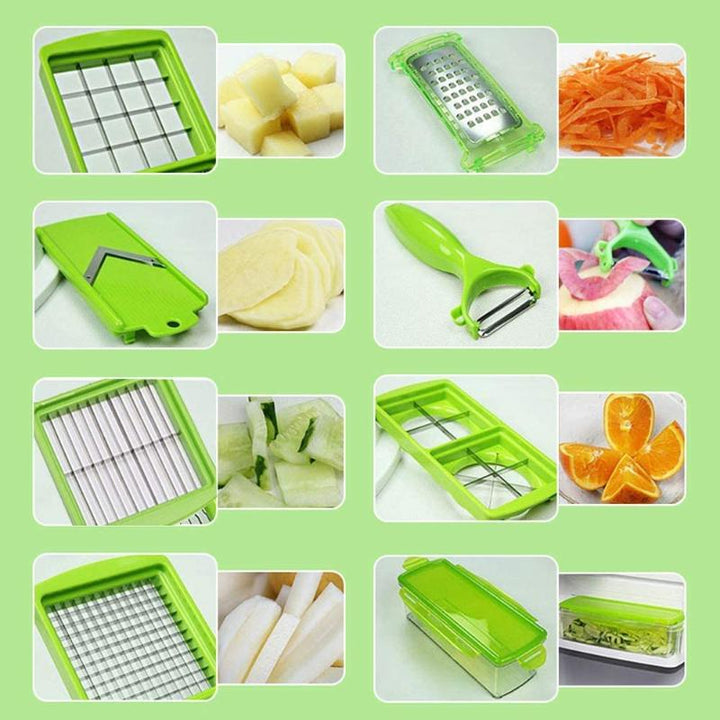 Versatile 12-in-1 vegetable slicer & chopper with multiple blades for dicing, grating & cutting.