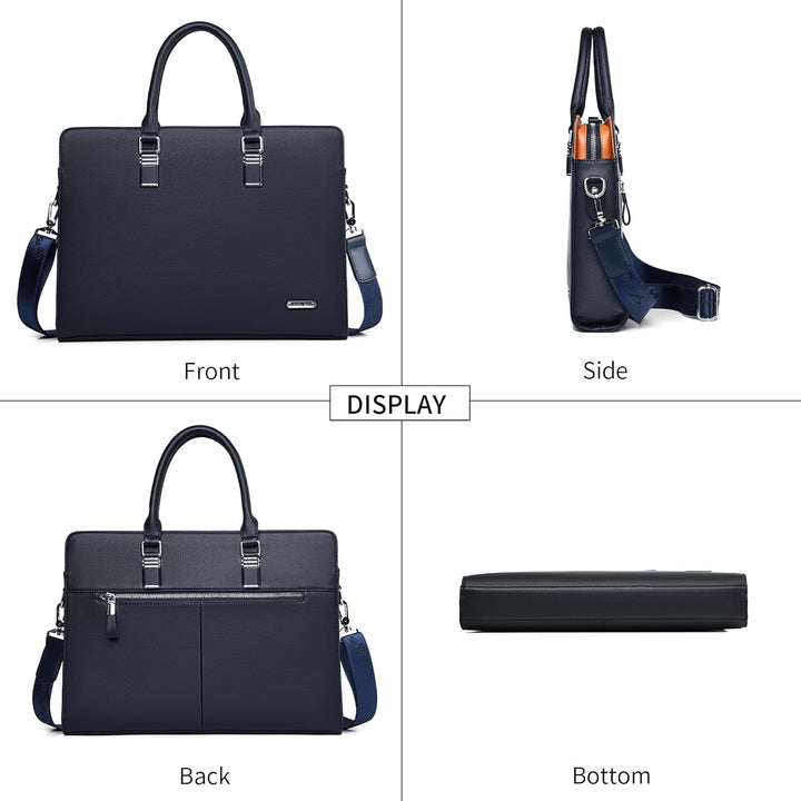 Modern genuine leather business briefcase, multi-compartment design for laptops and professional essentials.