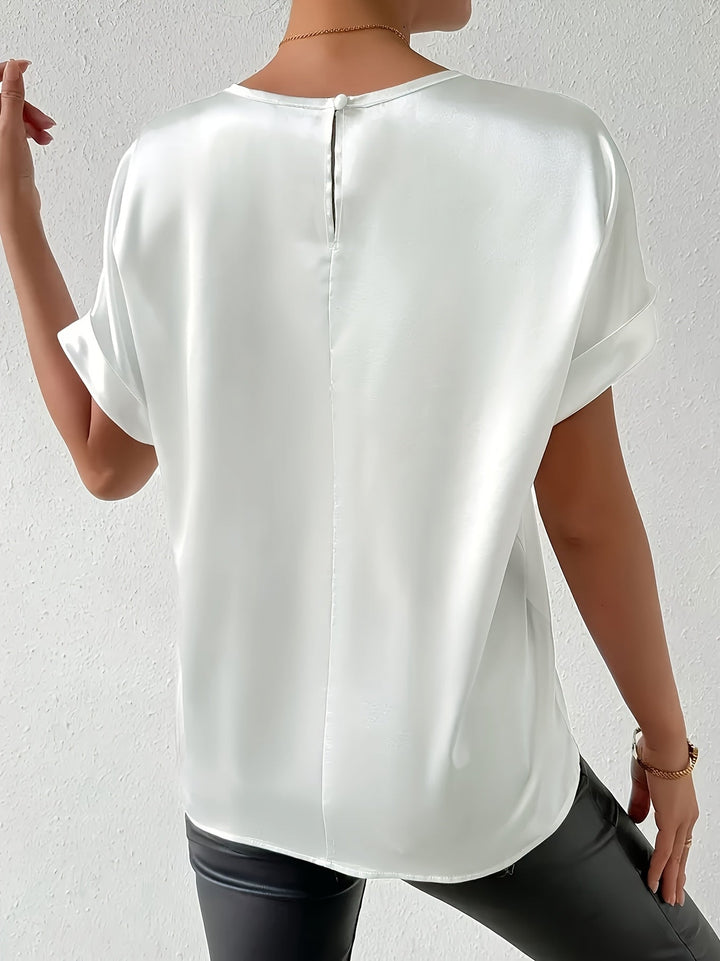 Versatile women's crew neck short sleeve satin blouse, casual chic to office wear.