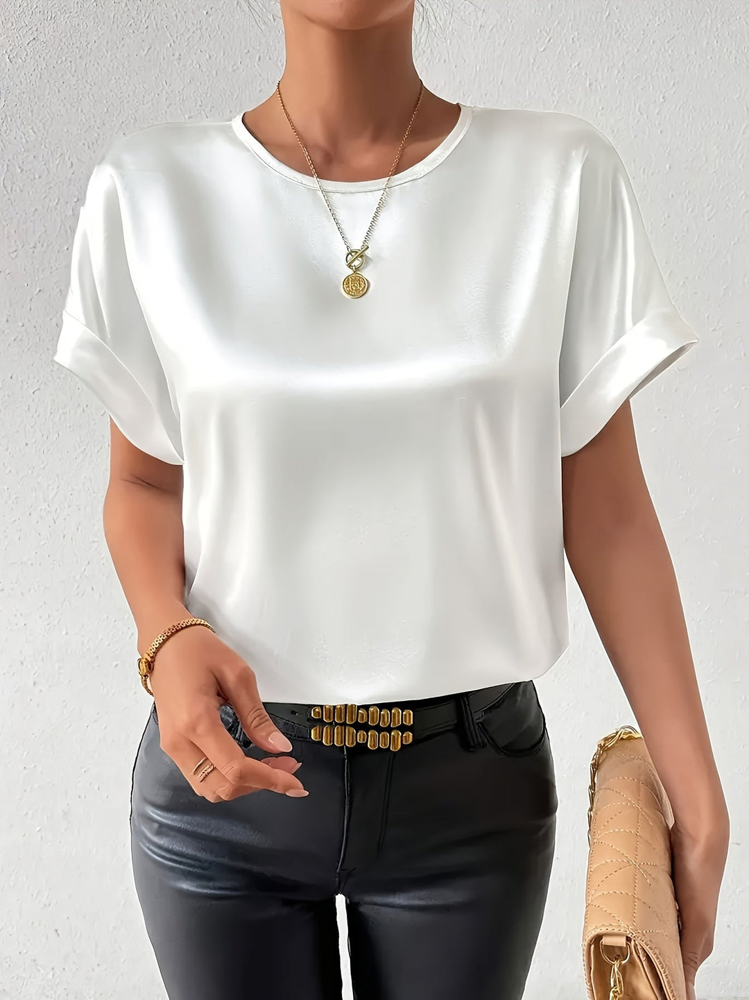 Elegant women's short sleeve satin blouse, perfect for summer chic & office wear.