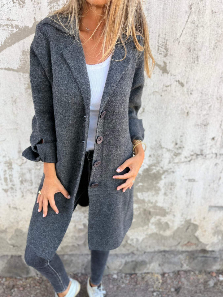Ada women's long knit coat, soft texture, elegant button details, functional pockets. Winter coat.