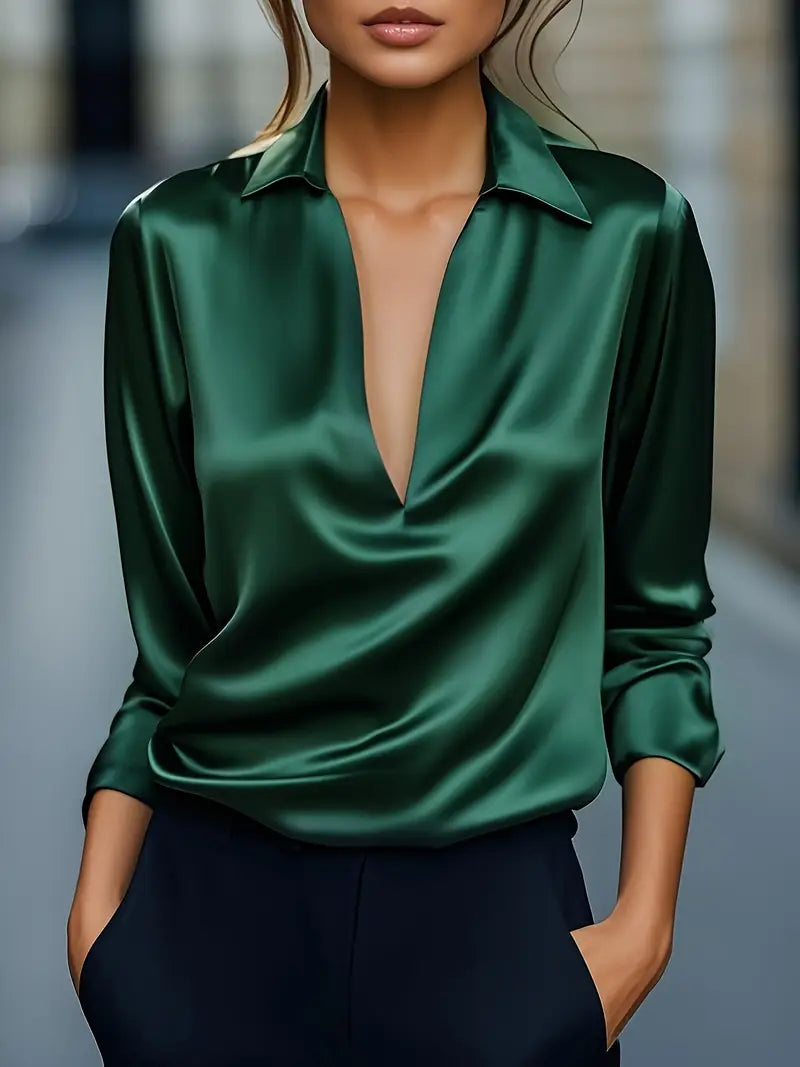 Flowing fit V-neck blouse, women's long sleeve top for effortless and elegant fashion.