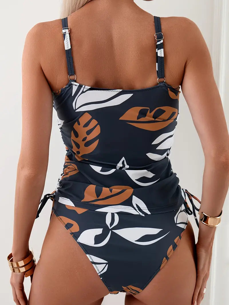 Stylish women's two-piece tropical swimwear. Features a V-neck tankini top & matching bottoms.