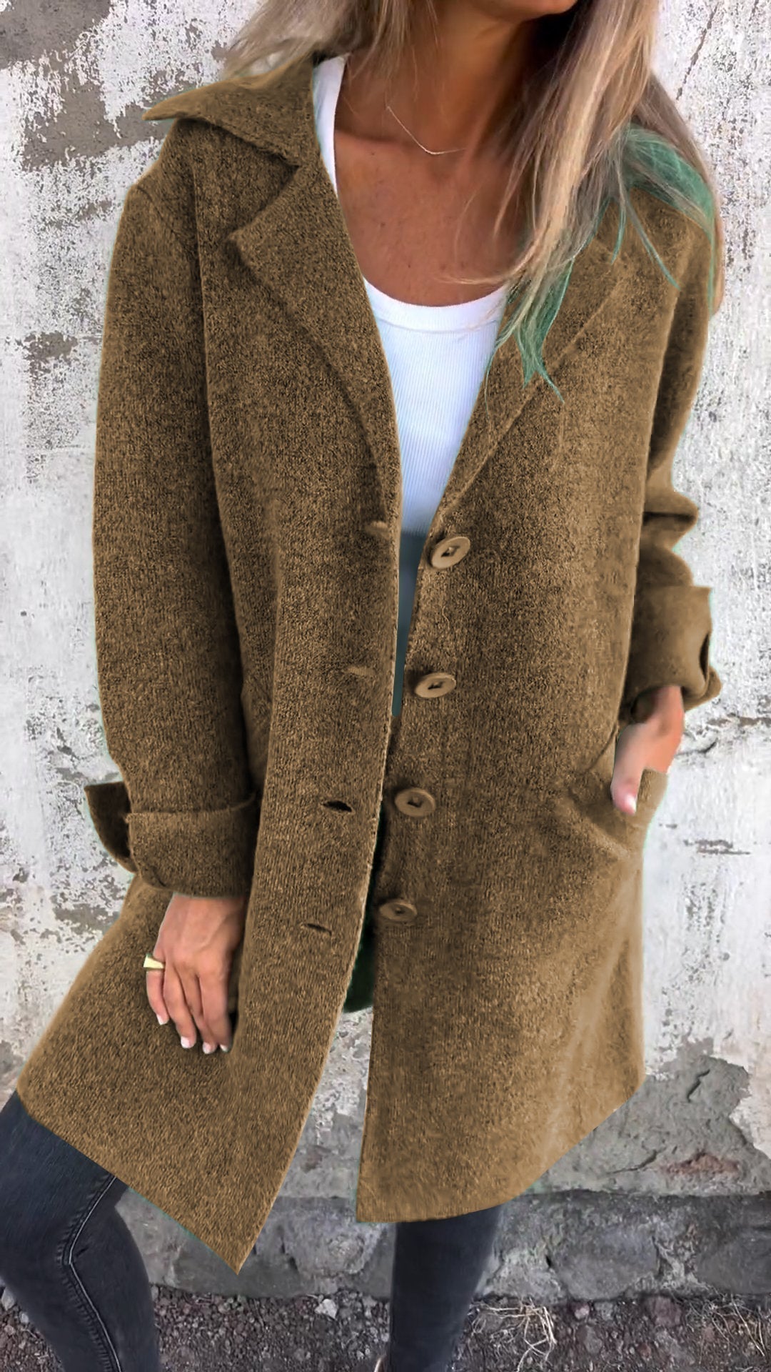 Ada women's soft knit long coat, ideal for elegant autumn & winter outfits. Button closure.