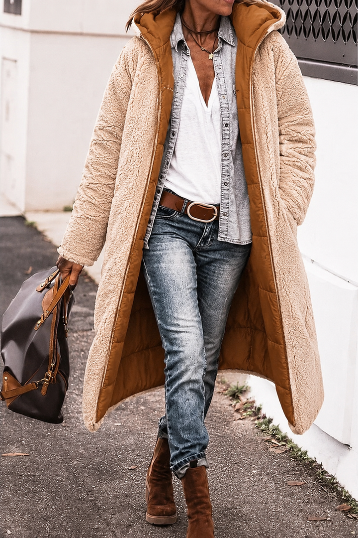 Burgundy and brown women's reversible fur jacket, elegant and warm for winter fashion.