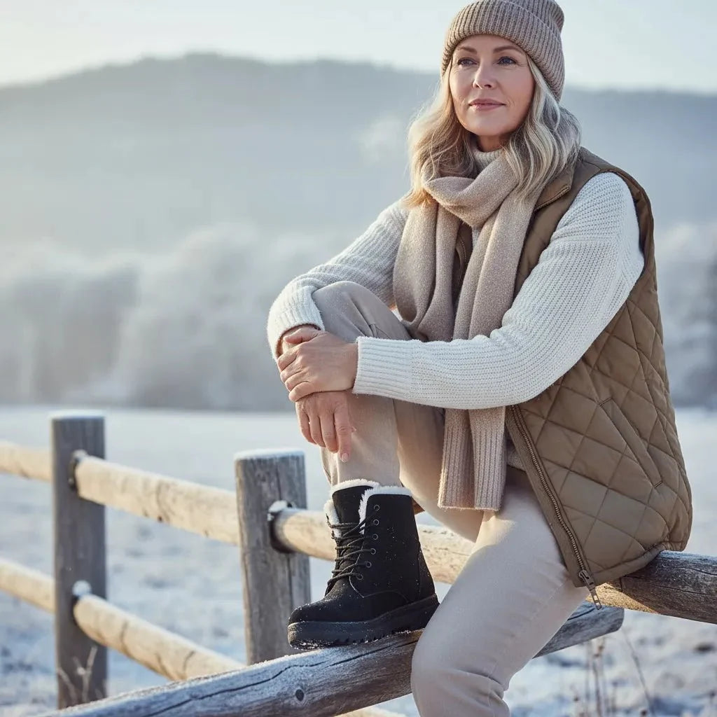 Warm women's ankle boots in grey, with a non-slip sole for winter safety and stability.