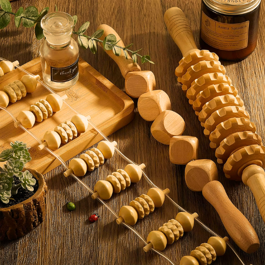 Natural wood maderotherapy tools set for muscle relief, wellness, and body contouring.