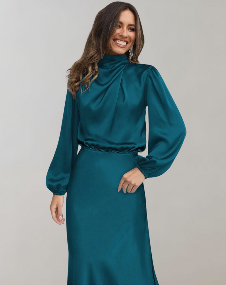 Sophisticated women's long sleeve formal dress, a chic and flattering evening gown for special occasions.
