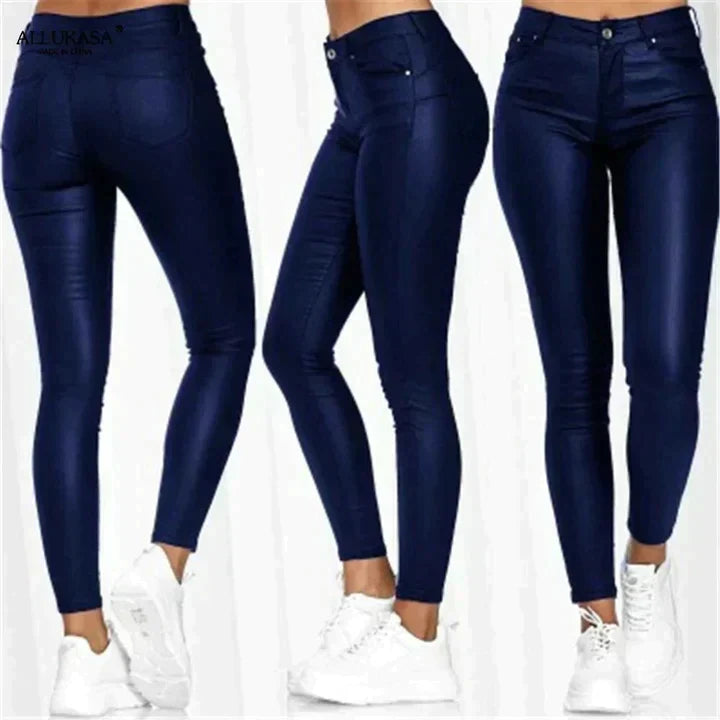 Sleek women's black faux leather pants, designed with stretch for a flattering fit & all-day comfort.