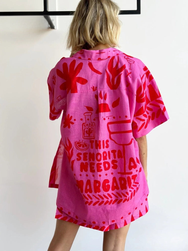 Stylish women's pink short sleeve set. Trendy two-piece outfit, ideal for casual wear, summer fashion & comfortable style.