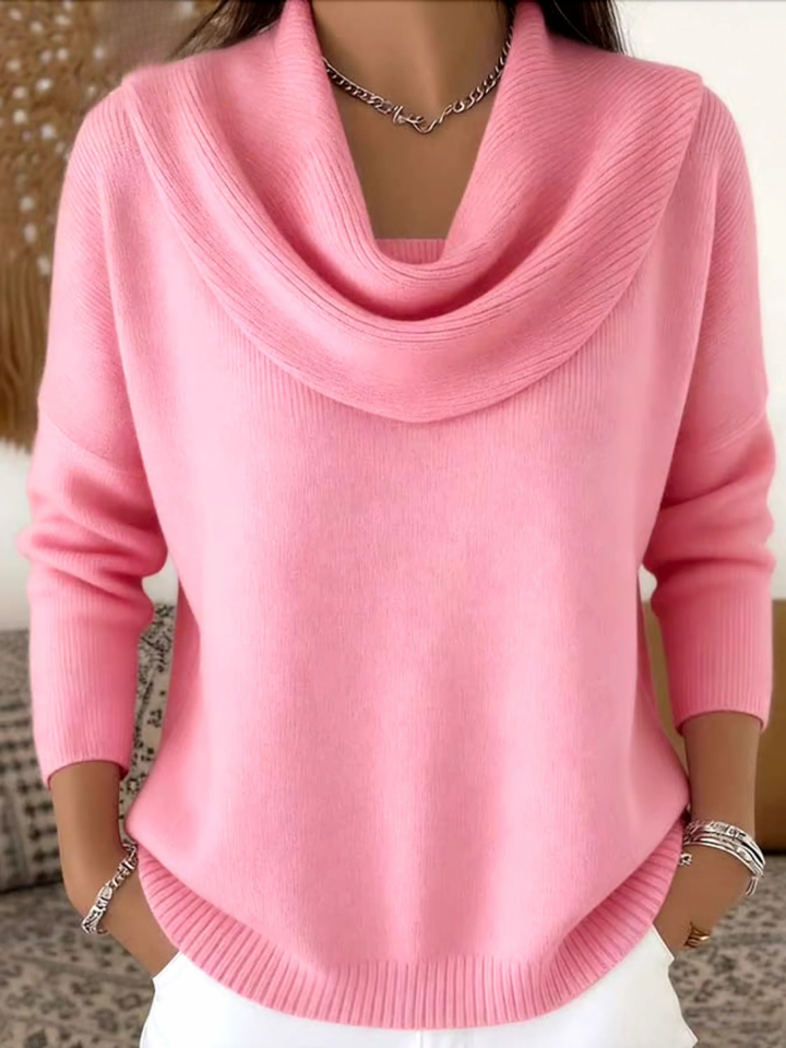 Chic women's cowl neck long sleeve sweater, a must-have elegant pullover for fall fashion.