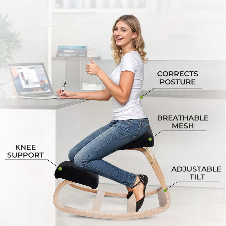 Stylish wooden kneeling rocker stool, perfect for ergonomic posture support in a modern home office.