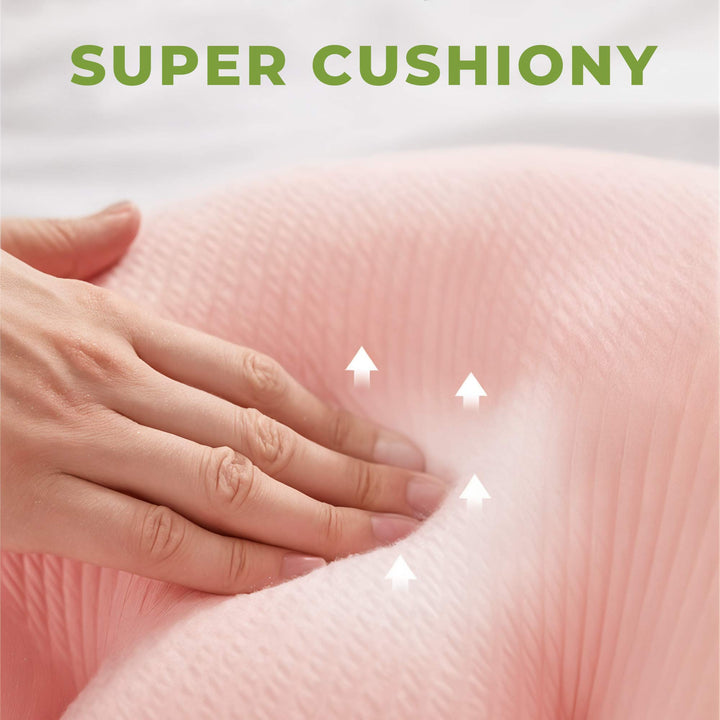Specialized maternity sleep aid body pillow for expectant mothers' restful side sleeping comfort.