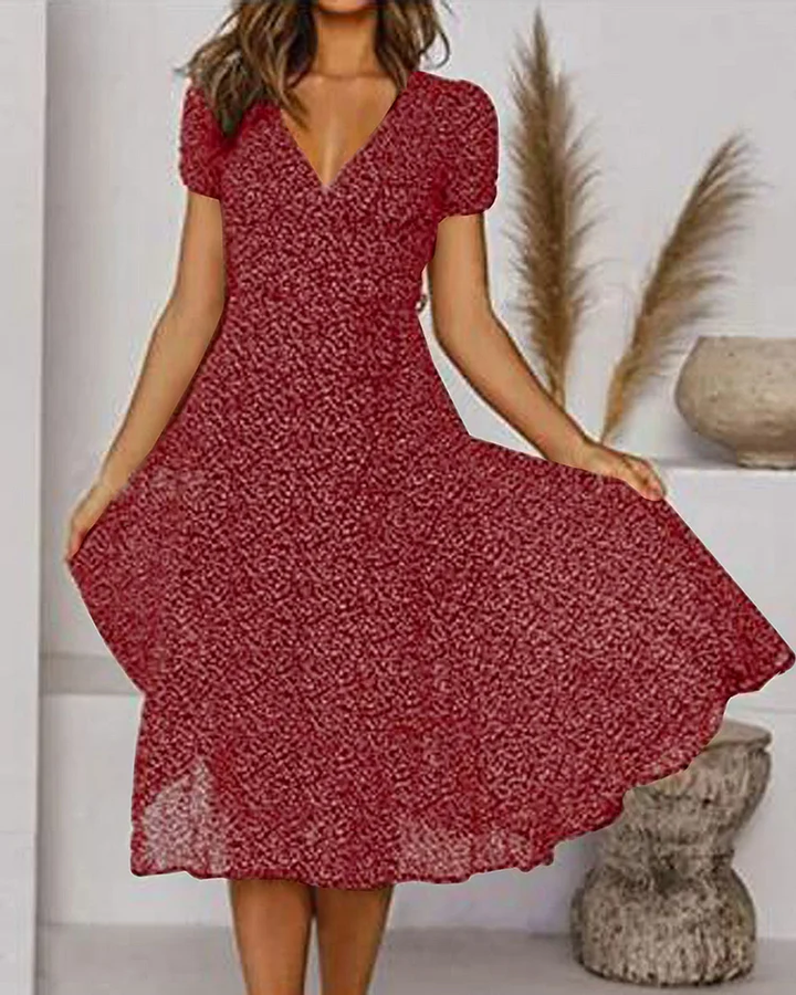 Versatile women's V-neck puff sleeve midi dress, suitable for elegant parties, summer events, or casual outings.