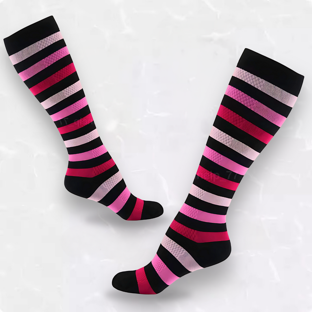 Unisex striped compression socks for stylish comfort, activewear & everyday wellness. Excellent leg support.