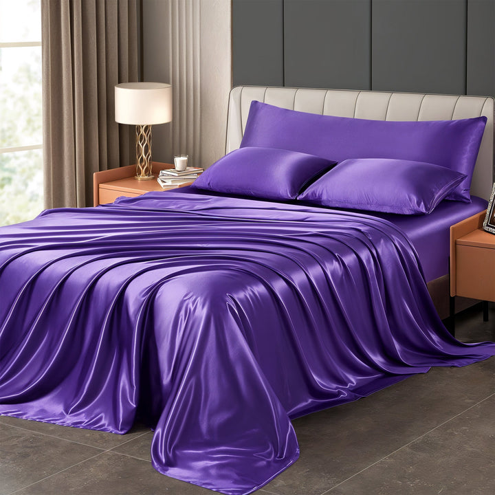 Luxury satin bed sheet set with deep pockets. Silky soft and comfortable, perfect for luxury bedding.