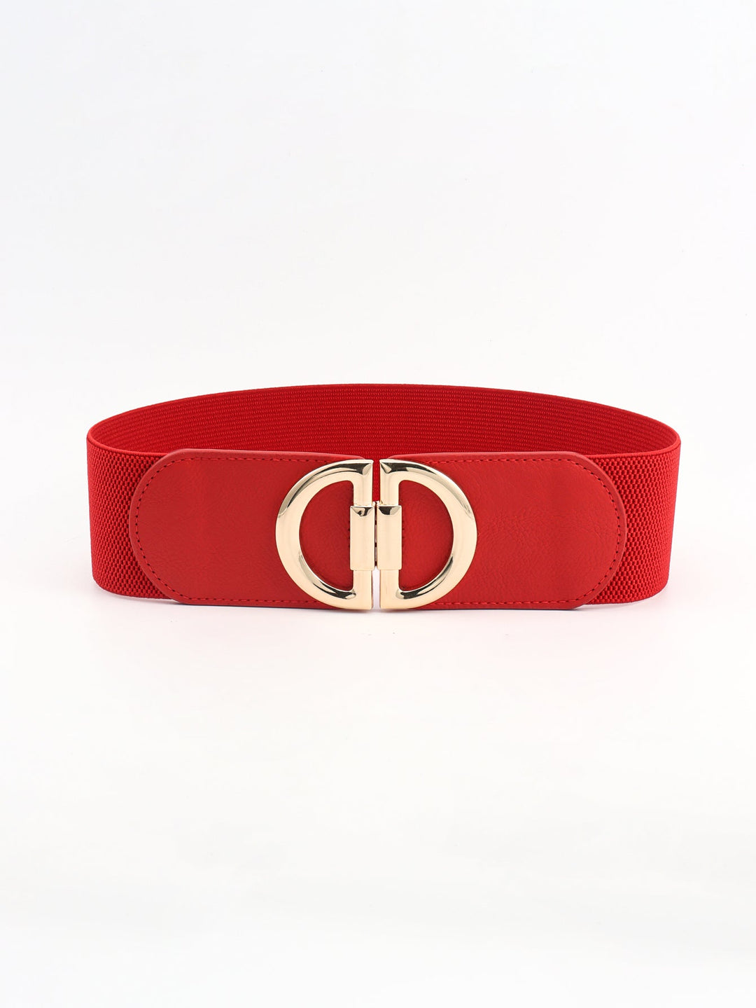 Women's fashion accessory: wide elastic waist belt with a unique and shiny gold buckle design.