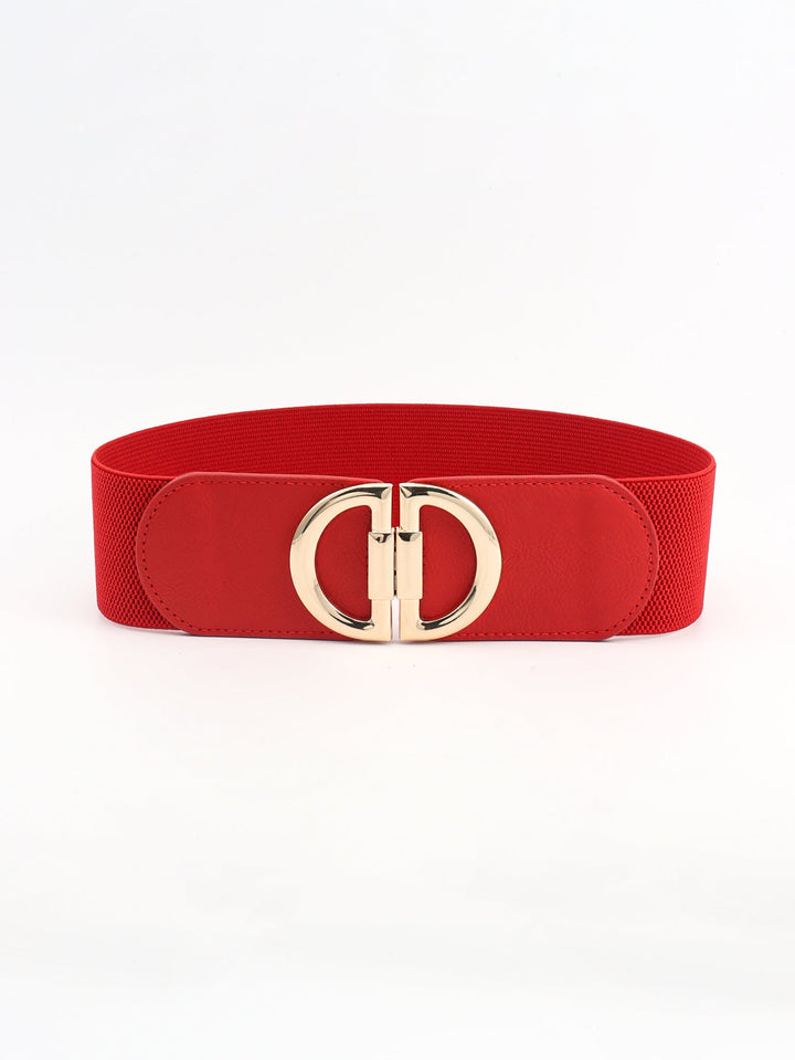 Women's fashion accessory: wide elastic waist belt with a unique and shiny gold buckle design.