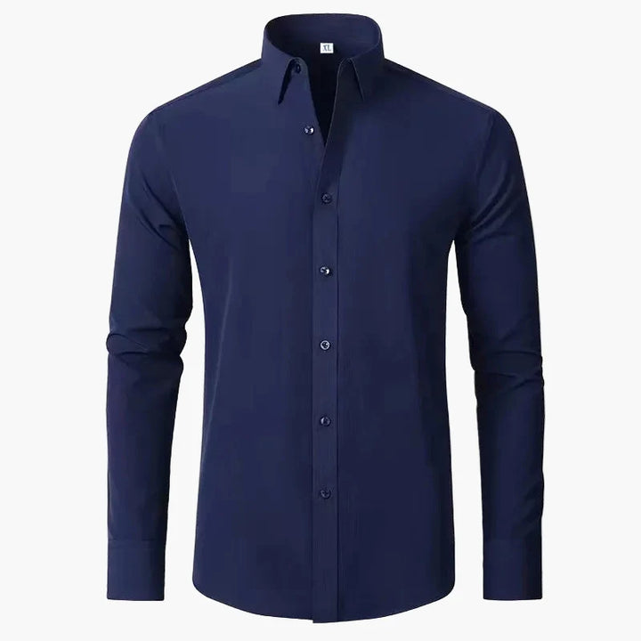 Stylish black men's long sleeve dress shirt. Button-down collar, perfect for office wear, formal, or business casual outfits.