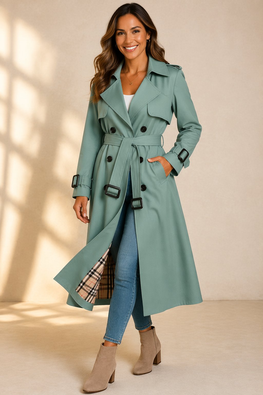 Elegant women's long trench coat with waist belt, perfect for autumn and sophisticated professional attire.