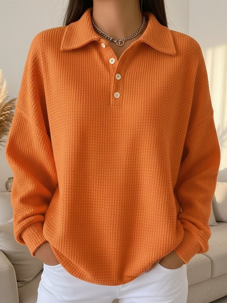 Comfortable women's relaxed fit waffle knit polo shirt. Long sleeve cozy top, perfect for casual everyday wear.