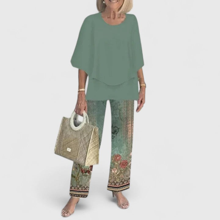 Women's sage green elegant trousers set. Relaxed fit co-ord, a versatile two-piece for summer.