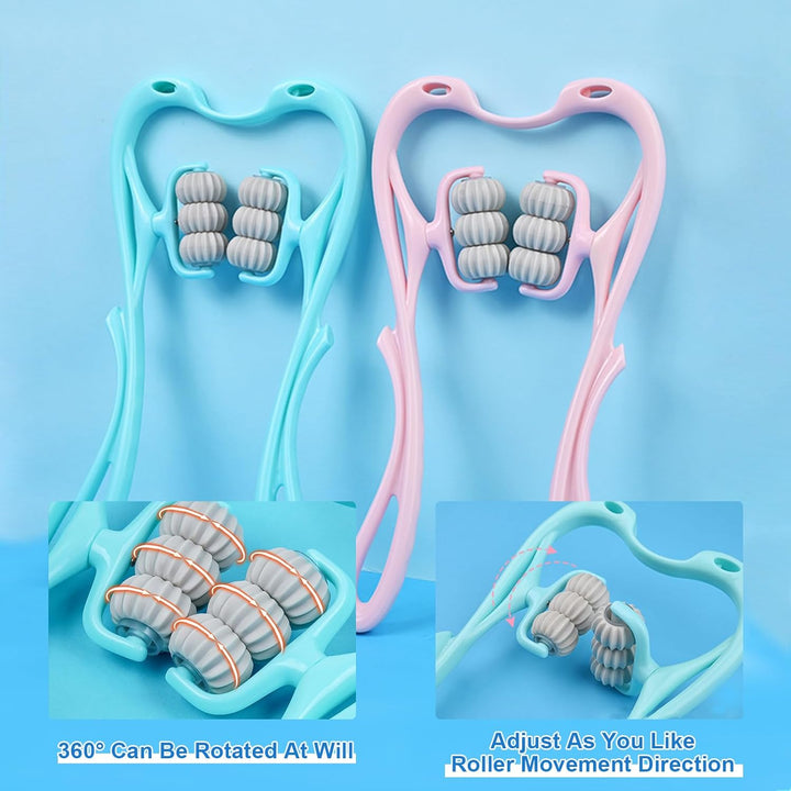 Ergonomic self neck massager applying targeted pressure for muscle knots, back & shoulder pain relief.