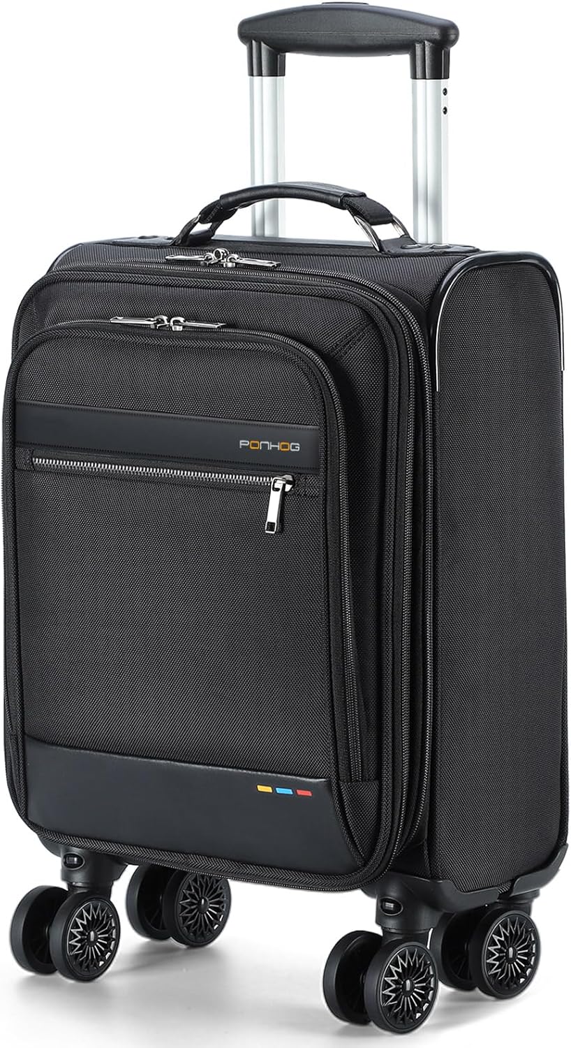 Unisex expandable underseat carry-on travel bag with spinner wheels for easy weekend trips & personal items.
