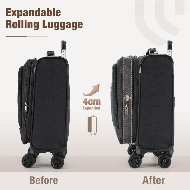 Expandable underseat carry-on luggage with laptop compartment & smooth spinner wheels for business or leisure.