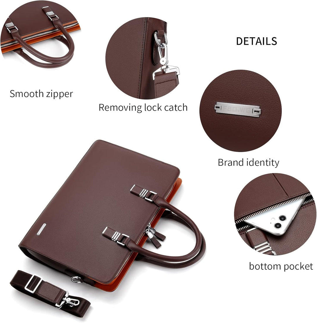 Sophisticated genuine leather business bag, multi-compartment brief for laptops & professional gear.