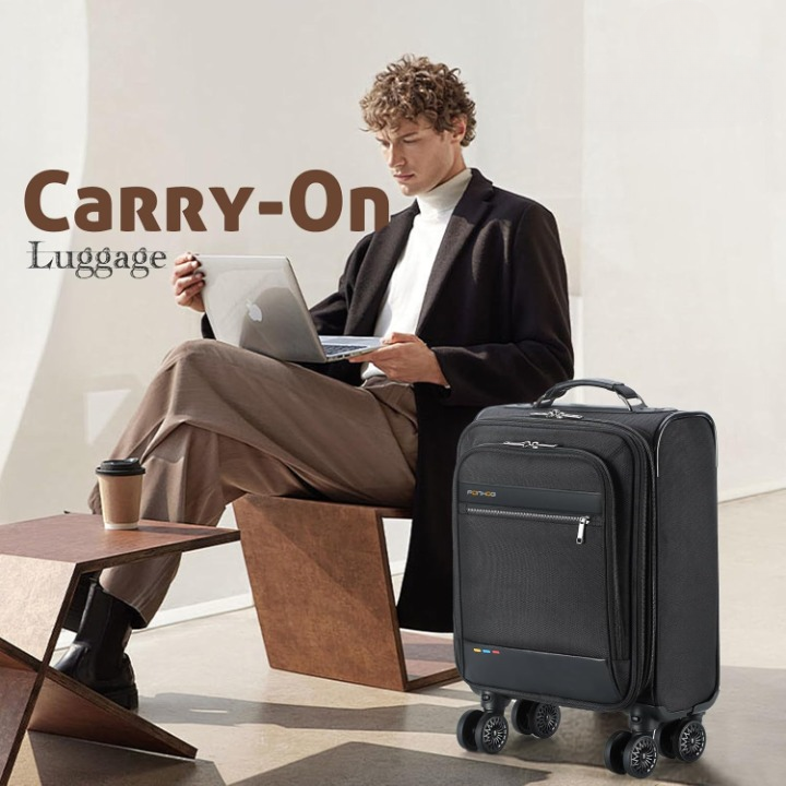 Durable underseat travel bag, expandable for extra space, with 360-degree spinner wheels, ideal personal item.
