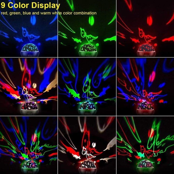 Children's rotating dinosaur & star projector night light, a magical lamp for kids' bedroom ambiance.