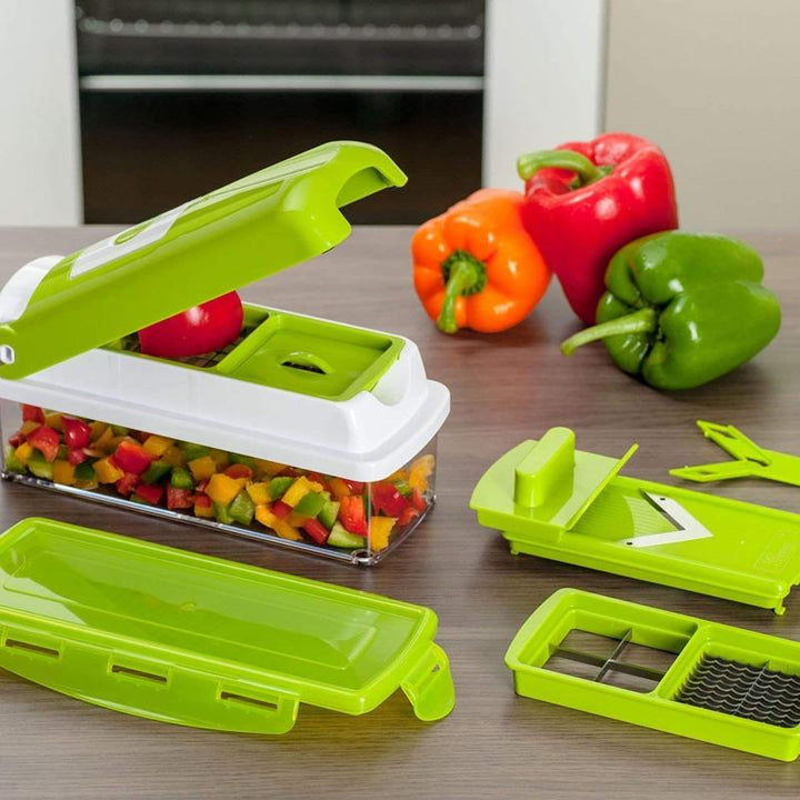 Complete 12-in-1 vegetable slicer, chopper, dicer & grater kit for all your kitchen food prep needs.