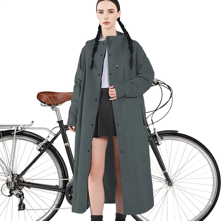 Veridra long waterproof raincoat, perfect for outdoor adventures, commuting, & travel. Unisex fit.