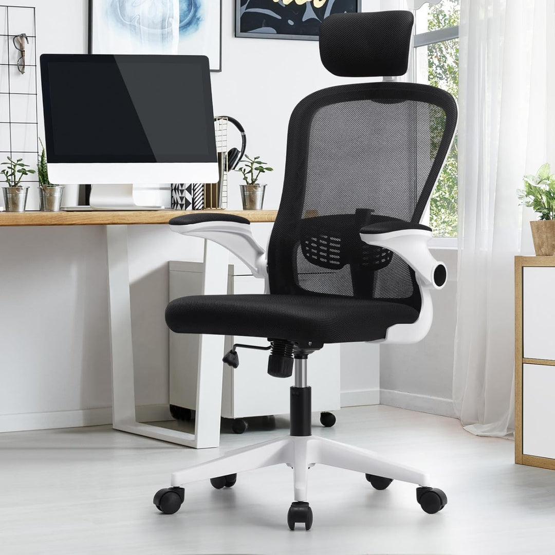 Modern ergonomic office chair with adjustable height, black mesh, and comfortable seating for home office.