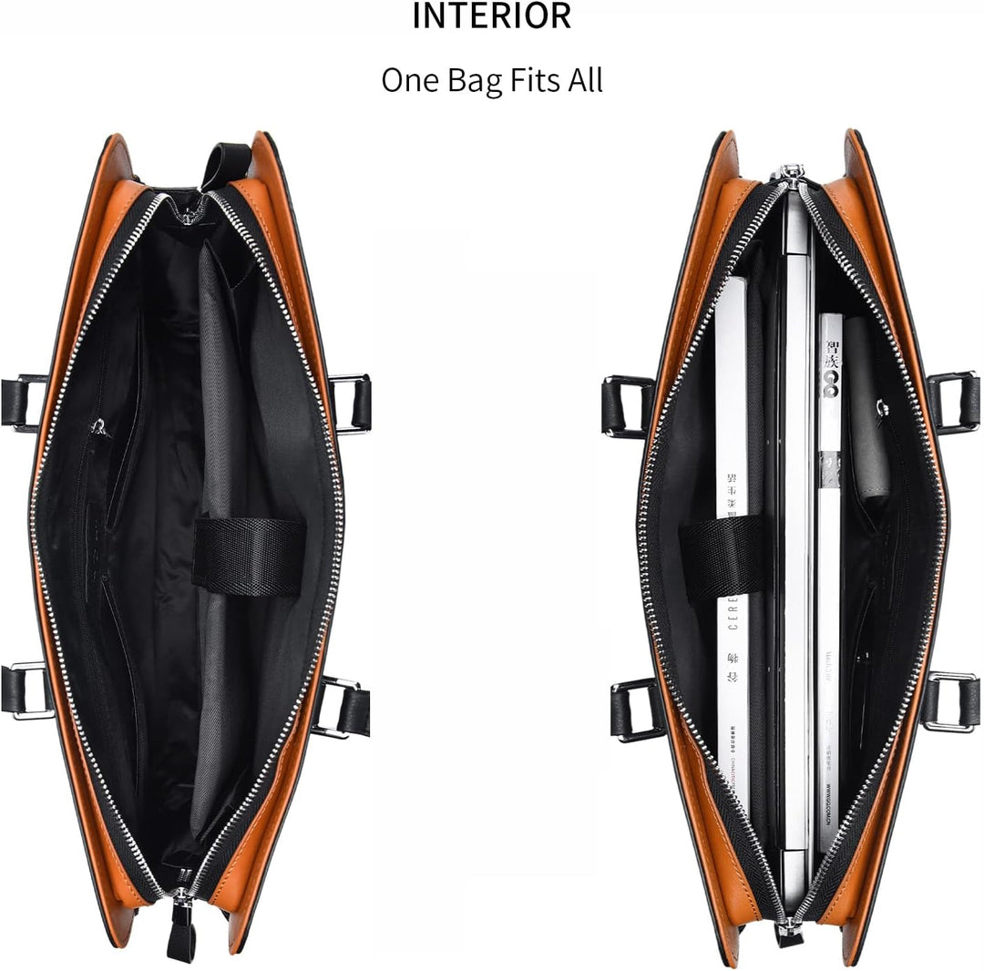 Functional genuine leather laptop briefcase, multi-compartment for organized professionals & travelers.