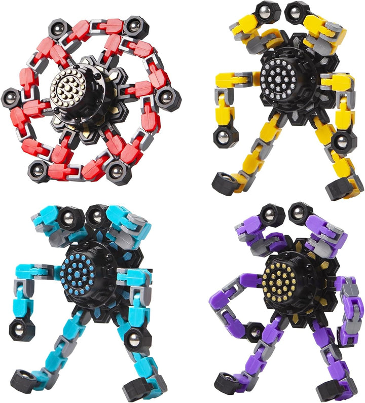 Set of 4 unisex mouldable fidget spinners for stress relief & focus. Ideal sensory toy for all ages.