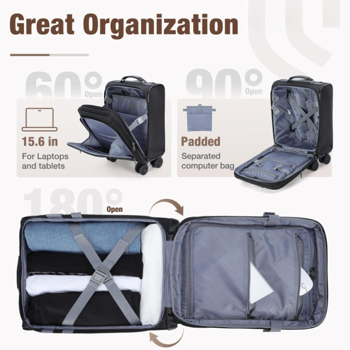 Compact yet spacious underseat spinner bag, expandable for weekend getaways, with a dedicated laptop section.