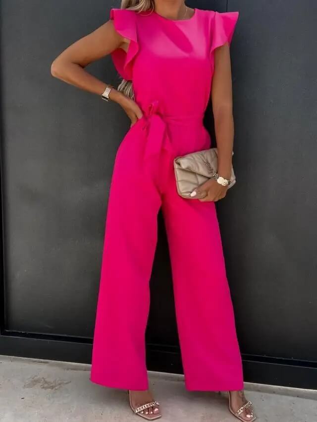 Elegant white women's wide leg jumpsuit, featuring graceful ruffle sleeves and a flattering belted design. One-piece.