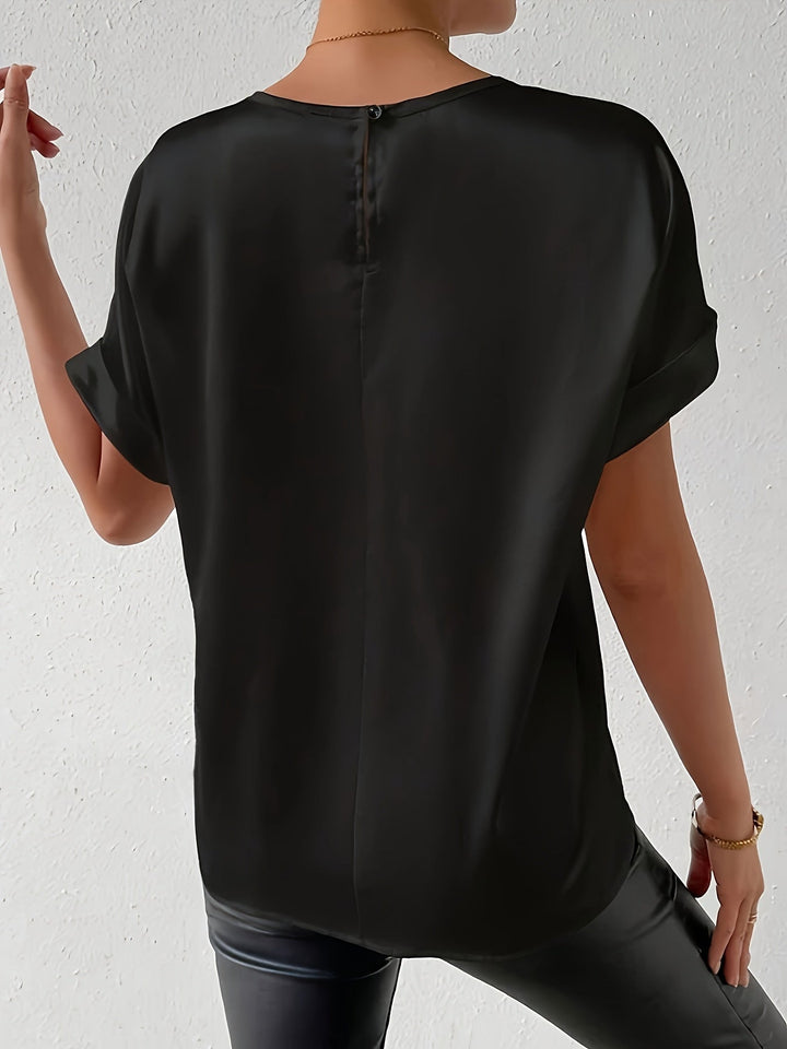 Black elegant women's short sleeve satin blouse, versatile for summer to office.
