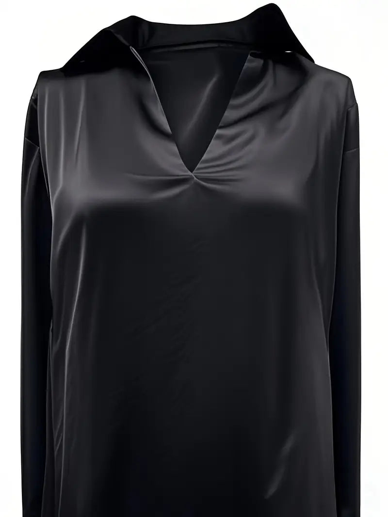 Elegant V-neck blouse, women's long sleeve top for office, sophistication, and luxury.