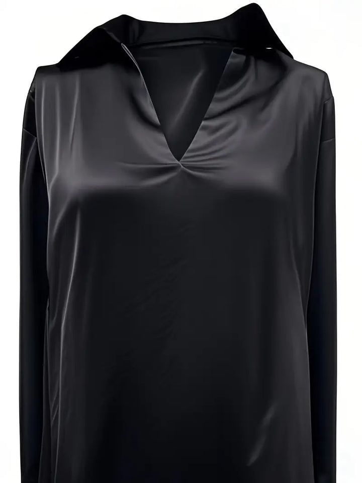 Elegant V-neck blouse, women's long sleeve top for office, sophistication, and luxury.