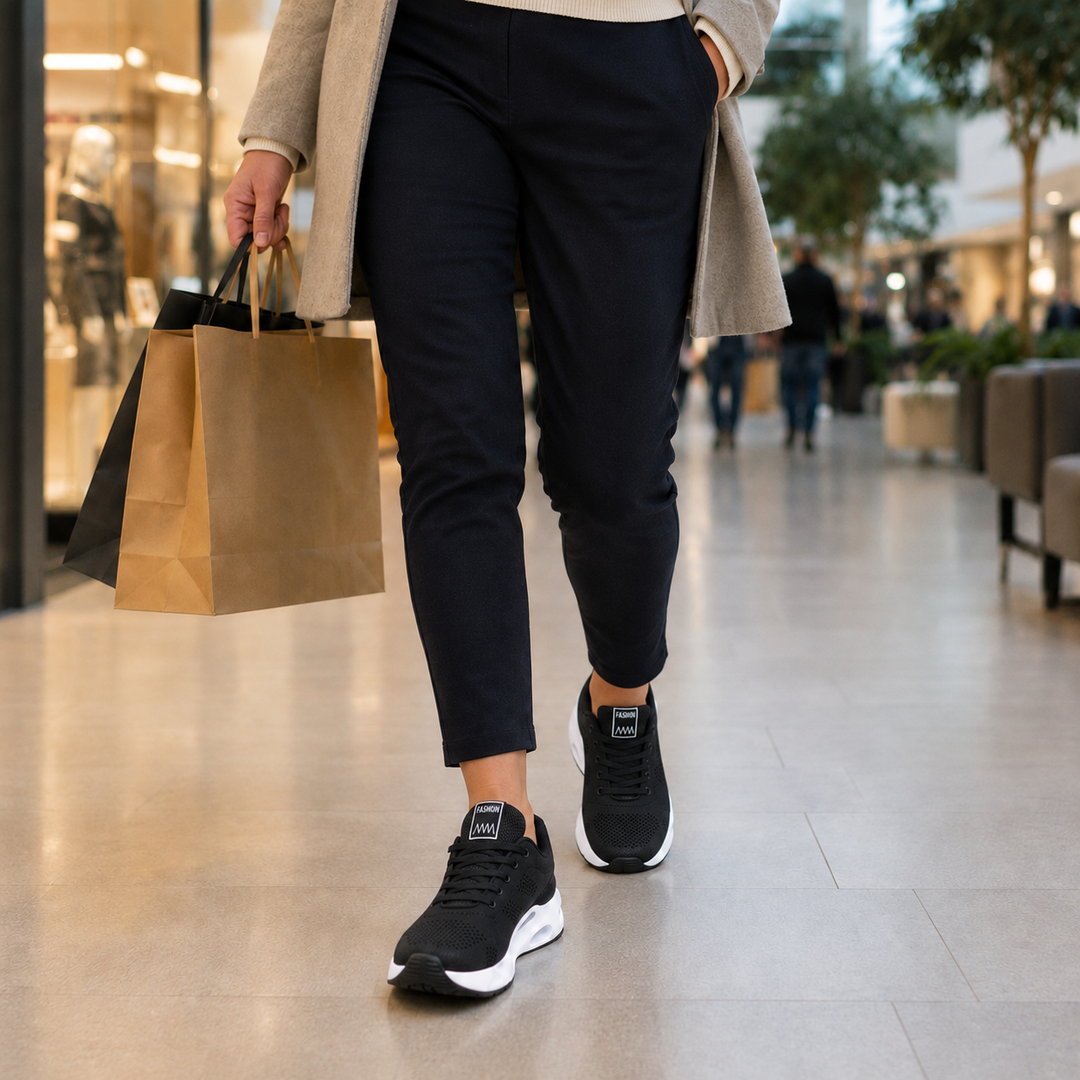 Breathable mesh detail on women's orthopedic comfort trainers, designed for active wear.