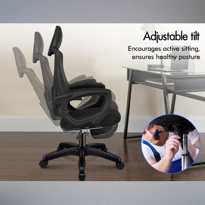 Comfortable ergonomic mesh chair with footrest, perfect for long hours of work from home.