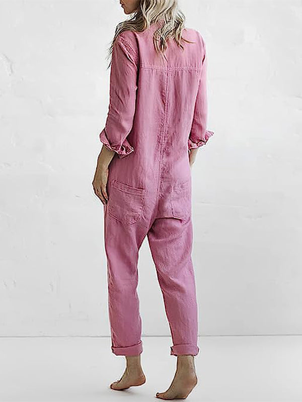 Chic women's long sleeve button-front jumpsuit. Relaxed fit, versatile one-piece for casual and evening fashion.
