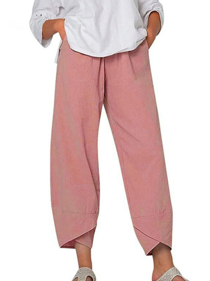 Casual women's linen wide leg harem pants, relaxed fit trousers with elastic waist for daily comfort.