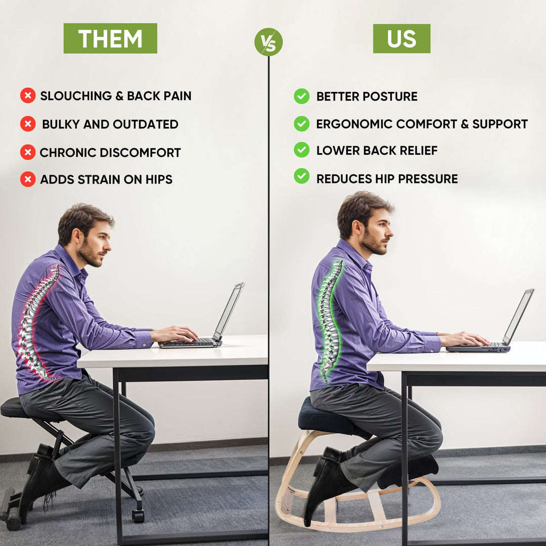 Ergonomic wooden kneeling chair designed for back health, reducing pain & supporting good posture while working.